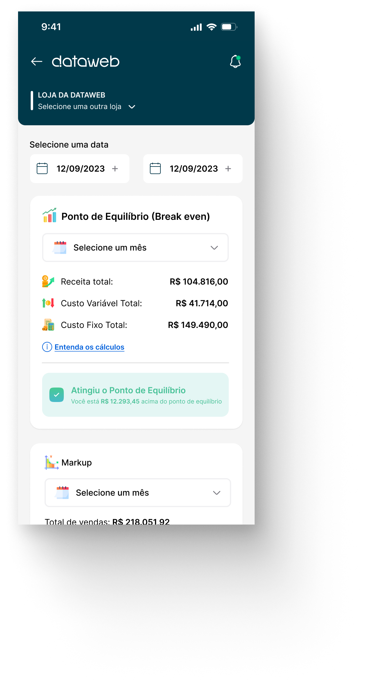 Tela do app Dataweb: Controle margem antes que vire problema